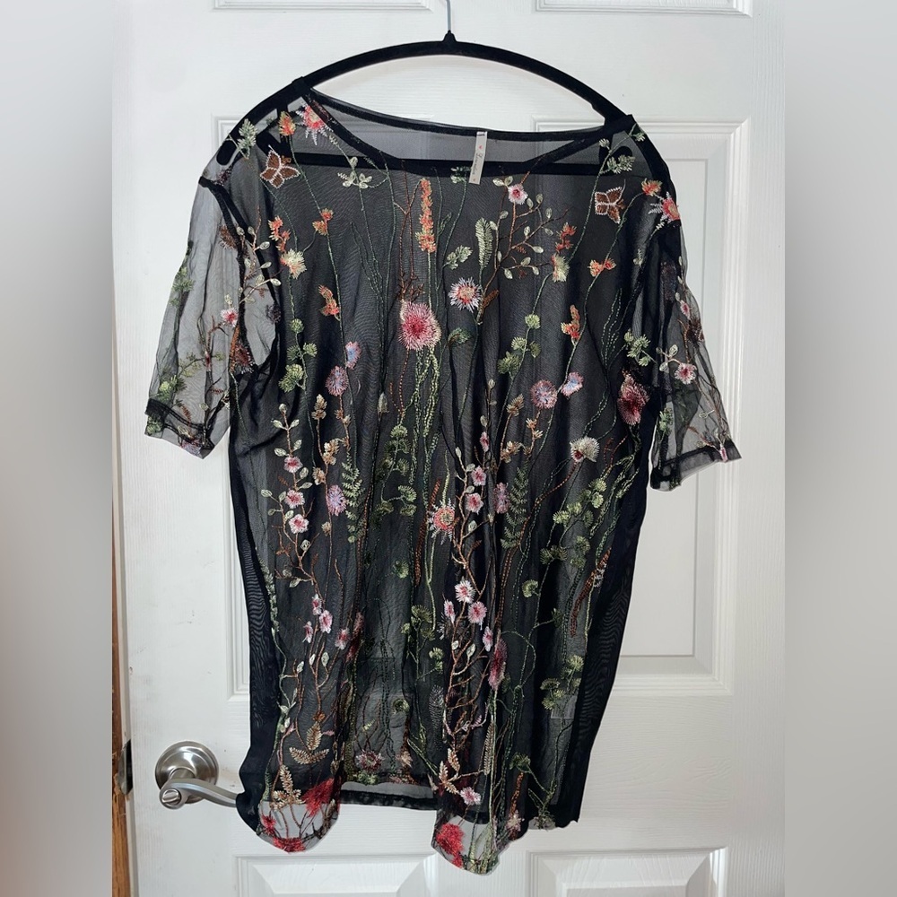 Love Nation Black Sheer Mesh Top with Multicolor Floral Embroidery - Picture 2 of 5